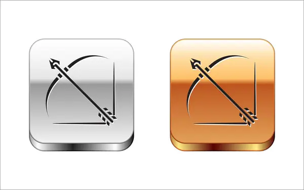 Czarny łuk i Strzałka w kołczan ikona na białym tle. Srebrny-Złoty kwadrat przycisk. Ilustracja wektorowa — Wektor stockowy