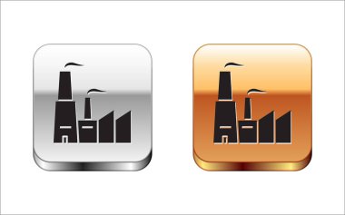 Siyah Fabrika simgesi beyaz arka planda yalıtılmış. Endüstriyel bina. Gümüş-altın kare düğme. Vektör İllüstrasyonu