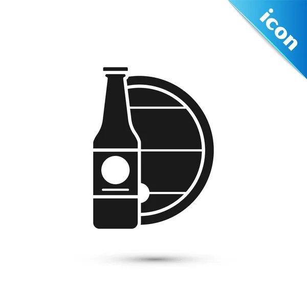 Bottiglia di birra nera e icona a botte in legno isolata su sfondo bianco. Illustrazione vettoriale — Vettoriale Stock