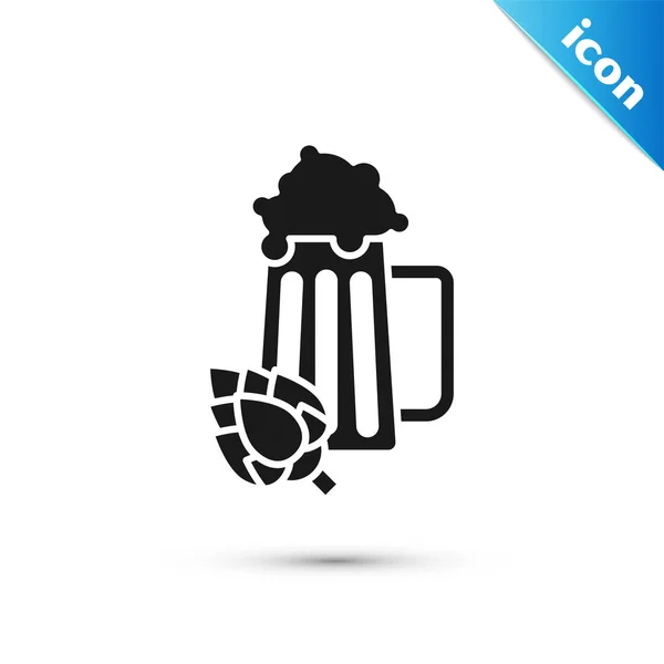 Vetro nero di birra e icona luppolo isolato su sfondo bianco. Illustrazione vettoriale — Vettoriale Stock