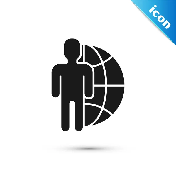 Globe noir et icône de personnes isolées sur fond blanc. Symbole d'entreprise mondial. icône de réseau social. Illustration vectorielle — Image vectorielle