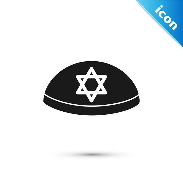 Schwarze jüdische Kippa mit Stern der david Ikone isoliert auf weißem Hintergrund. Jüdischer Yarmulkhut. Vektorillustration — Stockvektor