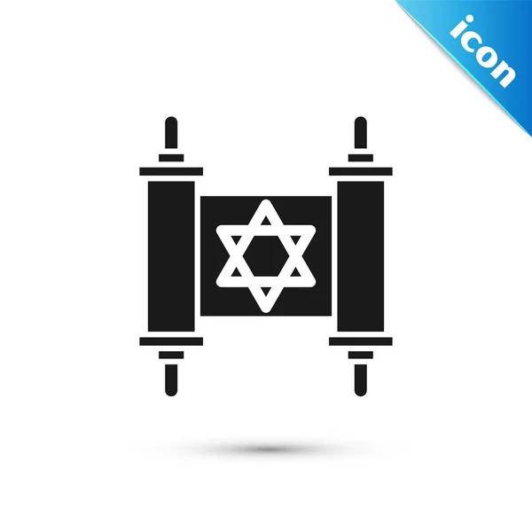 Siyah Tevrat kaydırma simgesi beyaz arka planda yalıtılmış. Yahudi Tevrat genişletilmiş şeklinde. David'in yıldızı sembolü. Eski parşömen parşömeni. Vektör İllüstrasyonu