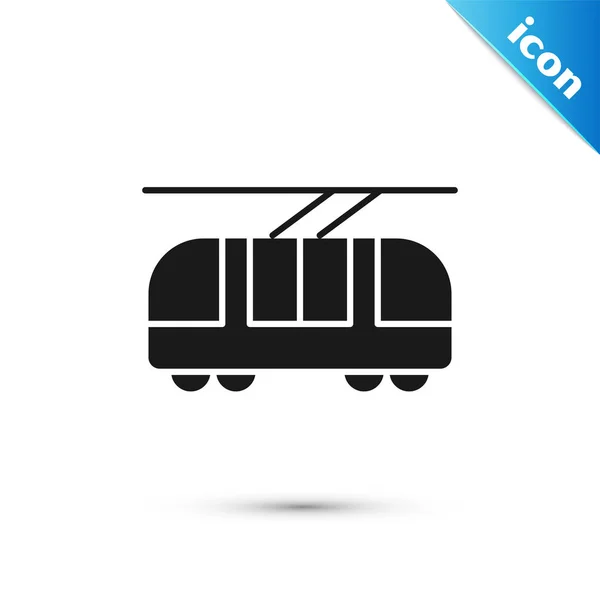 Černá tramvaj a železniční ikona izolované na bílém pozadí. Symbol veřejné dopravy. Vektorová ilustrace — Stockový vektor