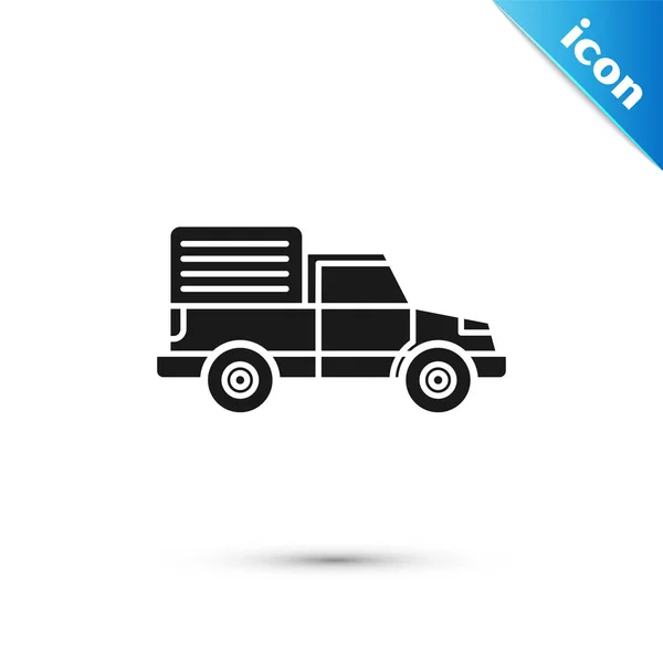 黒い配達貨物トラックの車両のアイコンは、白い背景に隔離されています。ベクトルイラストレーション — ストックベクタ