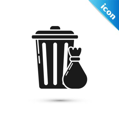 Siyah çöp tenekesi ve çöp torbası simgesi beyaz arkaplanda izole edilmiş. Çöp kutusu tabelası. Sepet simgesini geri dönüştür. Ofis çöpü ikonu. Vektör İllüstrasyonu