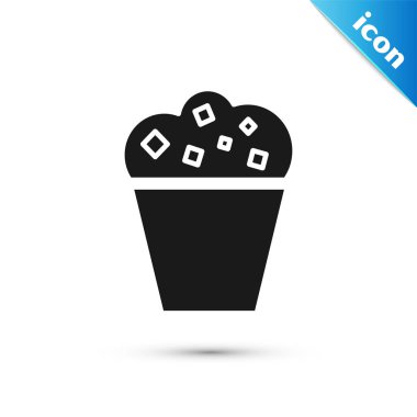 Beyaz arka plan üzerinde izole karton kutu simgesi siyah Patlamış mısır. Patlamış mısır kova kutusu. Vektör İllüstrasyonu