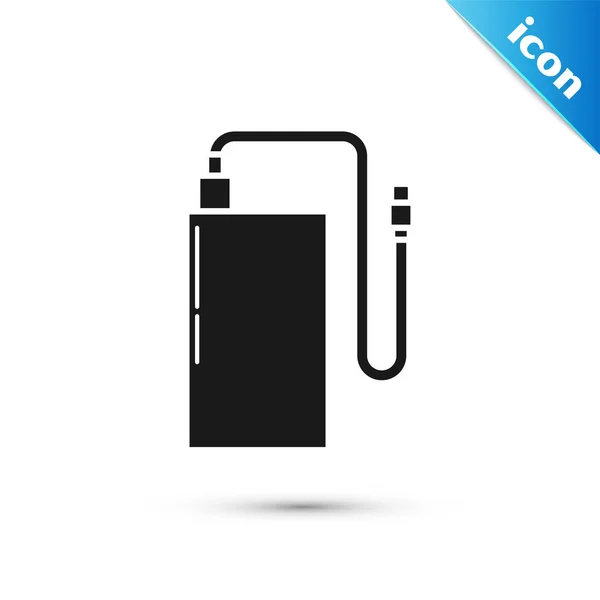 Schwarze Powerbank mit unterschiedlichem Ladekabel-Symbol isoliert auf weißem Hintergrund. tragbares Ladegerät. Vektorillustration — Stockvektor