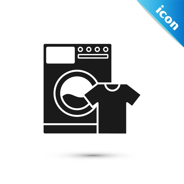 Schwarze Unterlegscheibe und T-Shirt-Symbol isoliert auf weißem Hintergrund. Waschmaschinensymbol. Wäscheservice, Waschmaschine. Haushaltsgerätesymbol. Vektorillustration — Stockvektor