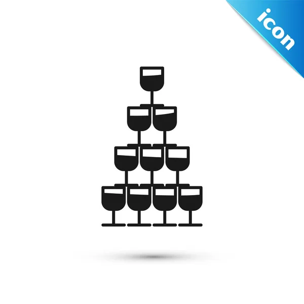 白い背景に隔離されたピラミッドタワーのアイコンに積み重ねられた黒ワインのメガネ。ワイングラスの看板ベクトルイラストレーション — ストックベクタ