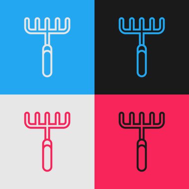 Renk çizgisi Bahçe tırmık simgesi renk arka planda izole. Bahçecilik, tarım, tarım için bir araç. Yer kültivatör. Temizlik ekipmanları. Vintage tarzı çizim. Vektör İllüstrasyonu