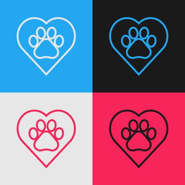 Renk hattı Kalp hayvanlar ayak izi simgesi renk arka planda izole ile. Kalbinde evcil hayvan pençesi. Hayvanlara sevgiler. Vintage tarzı çizim. Vektör İllüstrasyonu