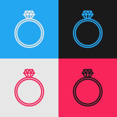Renk çizgisi Elmas nişan yüzüğü simgesi renk arka planda yalıtılmış. Vintage tarzı çizim. Vektör İllüstrasyonu