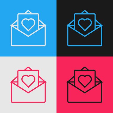 Renk arka planda izole Valentine kalp simgesi ile Renk hattı Zarf. Mesaj aşk. Mektup aşk ve romantizm. Vintage tarzı çizim. Vektör İllüstrasyonu