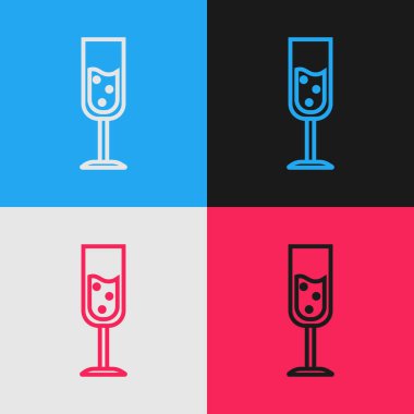 Renk arka planda izole şampanya simgesi renk çizgisi Cam. Vintage tarzı çizim. Vektör İllüstrasyonu