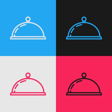 Renk çizgisi Renk arka planda yalıtılmış bir gıda simgesi tepsisi ile kaplanır. Tepsi ve kapak işareti. Kapaklı restoran cloche. mutfak sembolü. Vintage tarzı çizim. Vektör İllüstrasyonu