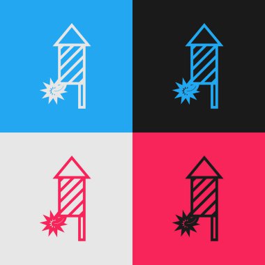 Renk çizgisi Havai fişek roket simgesi renk arka planda izole. Eğlenceli parti kavramı. Patlayıcı piroteknik sembol. Vintage tarzı çizim. Vektör İllüstrasyonu