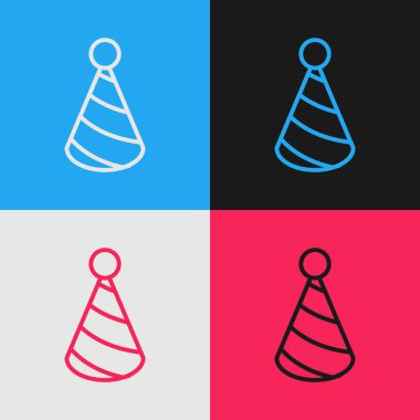 Renk çizgisi Parti şapka simgesi renk arka planda yalıtılmış. Doğum günü şapkası. Vintage tarzı çizim. Vektör İllüstrasyonu