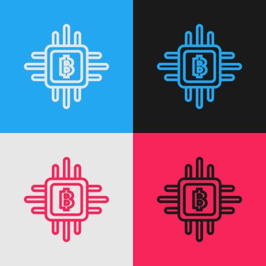 Renk çizgisi Cpu madenciliği çiftlik simgesi renk arka planda yalıtılmış. Bitcoin işlemci içinde işareti. Kripto para madenciliği topluluğu. Dijital para. Vintage tarzı çizim. Vektör İllüstrasyonu