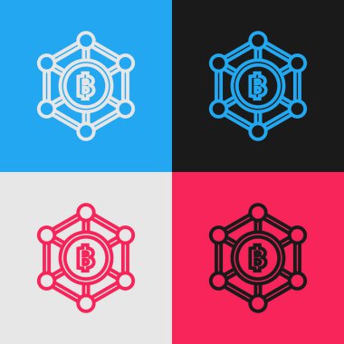 Renk çizgisi Blockchain teknolojisi Bitcoin simgesi renk arka planda izole. Soyut geometrik blok zincir ağ teknolojisi iş. Vintage tarzı çizim. Vektör İllüstrasyonu