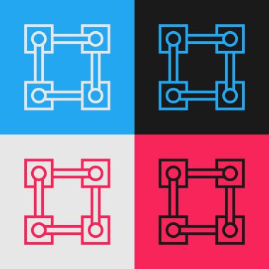 Renk çizgisi Blockchain teknoloji simgesi renk arka planda yalıtılmış. Kripto para birimi verileri. Soyut geometrik blok zincir ağ teknolojisi iş. Vintage tarzı çizim. Vektör İllüstrasyonu
