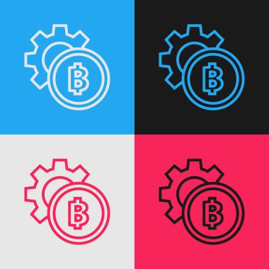 Renk çizgisi Cryptocurrency sikke Bitcoin simgesi renk arka planda izole. Dişli ve Bitcoin ayarı. Blockchain tabanlı güvenli kripto para birimi. Vintage tarzı çizim. Vektör İllüstrasyonu