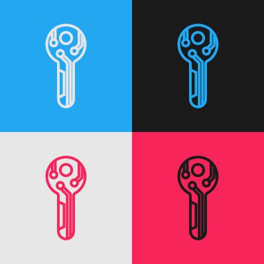 Renk çizgisi Cryptocurrency anahtar simgesi renk arka planda yalıtılmış. Siber güvenlik veya özel anahtar kavramı, teknoloji arayüzü ile dijital anahtar. Vintage tarzı çizim. Vektör İllüstrasyonu