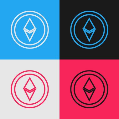 Renk çizgisi Cryptocurrency sikke Ethereum Eth simgesi renk arka planda izole. Altcoin sembolü. Blockchain tabanlı güvenli kripto para birimi. Vintage tarzı çizim. Vektör İllüstrasyonu