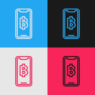 Renk hattı Telefon cep telefonu ve kriptopara sikke Bitcoin simgesi renk arka planda izole. Fiziksel biraz para. Blockchain tabanlı güvenli kripto para birimi. Vintage tarzı çizim. Vektör İllüstrasyonu