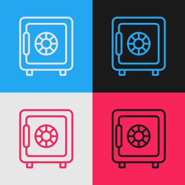 Renk çizgisi Renk arka planında yalıtılmış Güvenli simge. Kapı kasası, kombine kilidi olan bir banka kasası. Güvenilir veri koruması. Vintage tarzı çizim. Vektör İllüstrasyonu