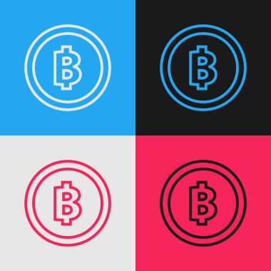 Renk çizgisi Cryptocurrency sikke Bitcoin simgesi renk arka planda izole. Fiziksel biraz para. Blockchain tabanlı güvenli kripto para birimi. Vintage tarzı çizim. Vektör İllüstrasyonu