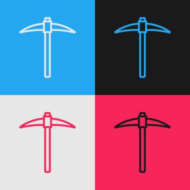 Renk çizgisi Pickaxe simgesi renk arka planda yalıtılmış. Blockchain teknolojisi, kripto para madenciliği, bitcoin, dijital para piyasası, kripto para cüzdanı. Vintage tarzı çizim. Vektör İllüstrasyonu