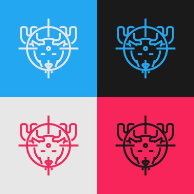 Renk arka planda izole artı işareti simgesi ile geyik üzerinde Renk hattı Hunt. Geyik ve hedef ile Avcılık kulübü logosu. Tüfek merceği bir geyiği hedef almış. Vintage tarzı çizim. Vektör İllüstrasyonu