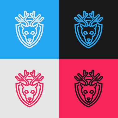 Renk arka planda izole kalkan simgesi boynuzları ile renk çizgisi Geyik baş. Duvarda av ganimeti. Vintage tarzı çizim. Vektör İllüstrasyonu