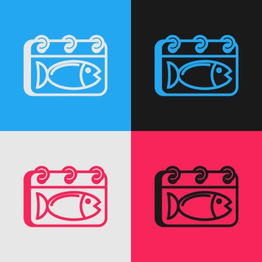 Renk arka planda izole edilmiş bir balık simgesi yle renk çizgisi Takvim. Balık günü. Vintage tarzı çizim. Vektör İllüstrasyonu