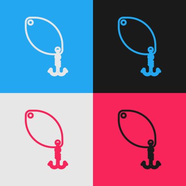 Renk çizgisi Renk arka planda izole balıkçılık kaşık simgesi. Balık şeklinde balık yemleri. Olta takımı. Vintage tarzı çizim. Vektör İllüstrasyonu