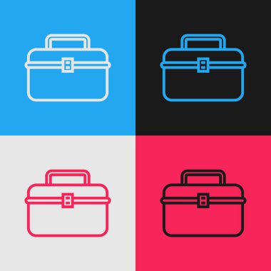 Renk çizgisi Renk arka planda izole wobbler ve dişli balıkçılık ekipmanları simgesi için Case veya kutu konteyner. Olta takımı. Vintage tarzı çizim. Vektör İllüstrasyonu