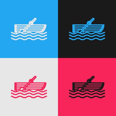 Renk hattı Renk arka planda izole su simgesi üzerinde kürek ile Balıkçı tekne. Vintage tarzı çizim. Vektör İllüstrasyonu