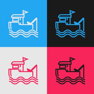 Renk hattı Renk arka planda izole su simgesi üzerinde olta ile balıkçı teknesi. Vintage tarzı çizim. Vektör İllüstrasyonu