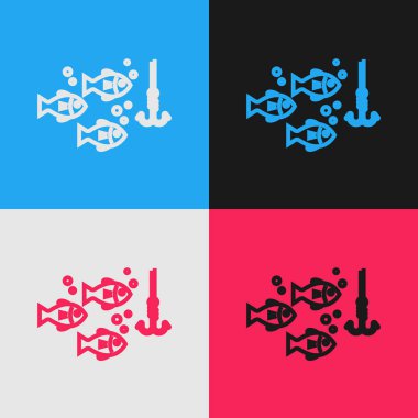 Renk hattı Balık simgesi renk arka planda izole ile su altında Olta olta. Olta takımı. Vintage tarzı çizim. Vektör İllüstrasyonu