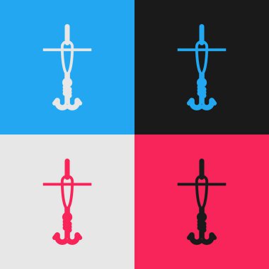 Renk çizgisi Olta kancası ve renk arka planda izole float simgesi. Olta takımı. Vintage tarzı çizim. Vektör İllüstrasyonu