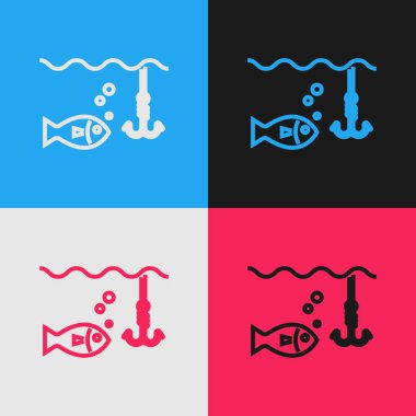 Renk hattı Balık simgesi renk arka planda izole ile su altında Olta olta. Olta takımı. Vintage tarzı çizim. Vektör İllüstrasyonu