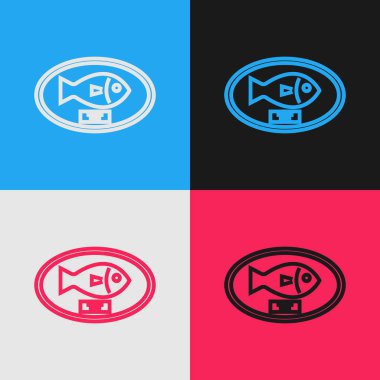 Renk çizgisi Balık kupa karton simgesi renk arka planda izole asılı. Duvarda balık avı ganimeti. Vintage tarzı çizim. Vektör İllüstrasyonu