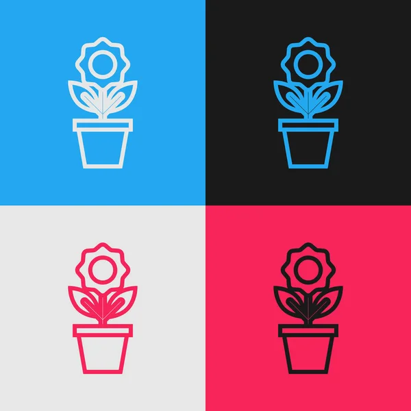 Línea de color Flor en maceta icono aislado sobre fondo de color. Planta creciendo en una maceta. Signo de planta en maceta. Dibujo de estilo vintage. Ilustración vectorial — Vector de stock