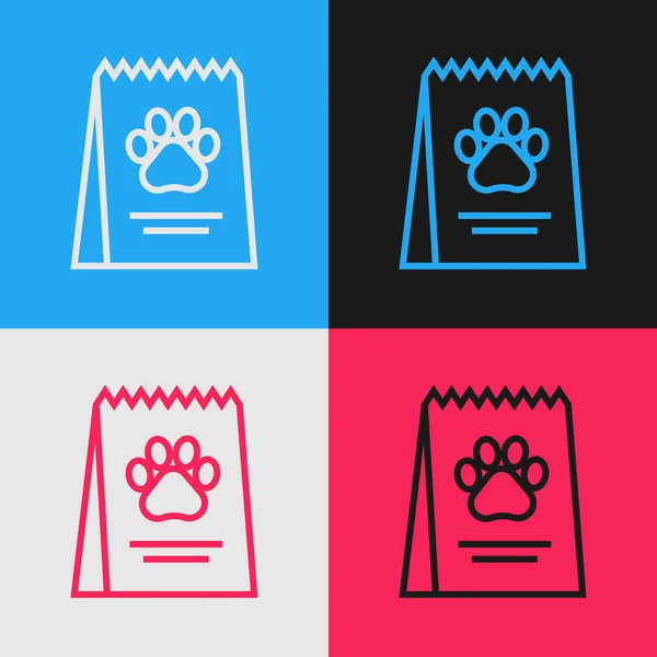 Χρωματική γραμμή τσάντα του φαγητού για το εικονίδιο σκύλου απομονώνεται σε φόντο χρώμα. Αποτύπωμα σκύλου ή γάτας. Τροφή για τα ζώα. Πακέτο τροφών για κατοικίδια. Vintage ζωγραφική στυλ. Απεικόνιση διανυσματικών φορέων — Διανυσματικό Αρχείο