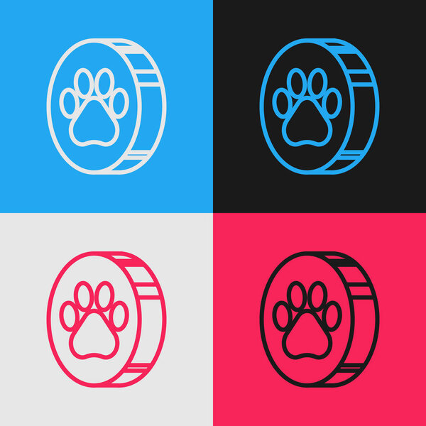 Color line Paw print icon isolated on color background. Dog or cat paw print. Animal track. Vintage style drawing. Vector Illustration