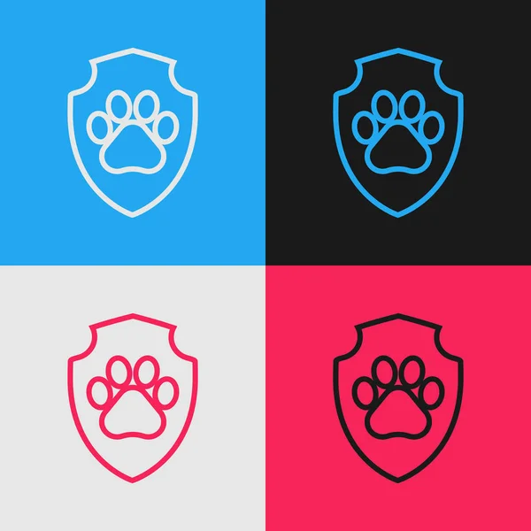 カラーライン 動物健康保険アイコンは、色の背景に分離されています。ペット保護アイコン。犬や猫の足のプリント。ヴィンテージスタイルの図面。ベクトルイラストレーション — ストックベクタ