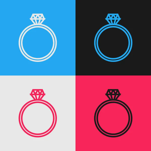 Línea de color Icono de anillo de compromiso de diamante aislado en fondo de color. Dibujo de estilo vintage. Ilustración vectorial — Vector de stock