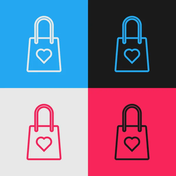 Χρωματική γραμμή αγορά τσάντα με το εικονίδιο της καρδιάς απομονώνονται στο φόντο χρώμα. Κατάστημα τσάντα ψώνια αγάπη όπως το εικονίδιο της καρδιάς. Σύμβολο ημέρα του Αγίου Βαλεντίνου. Vintage ζωγραφική στυλ. Απεικόνιση διανυσματικών φορέων — Διανυσματικό Αρχείο