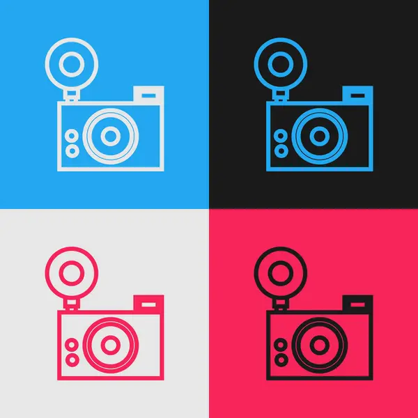 Farblinixikon der Fotokamera isoliert auf farbigem Hintergrund. Foto-Kamera-Ikone. Vintage-Stil Zeichnung. Vektorillustration — Stockvektor